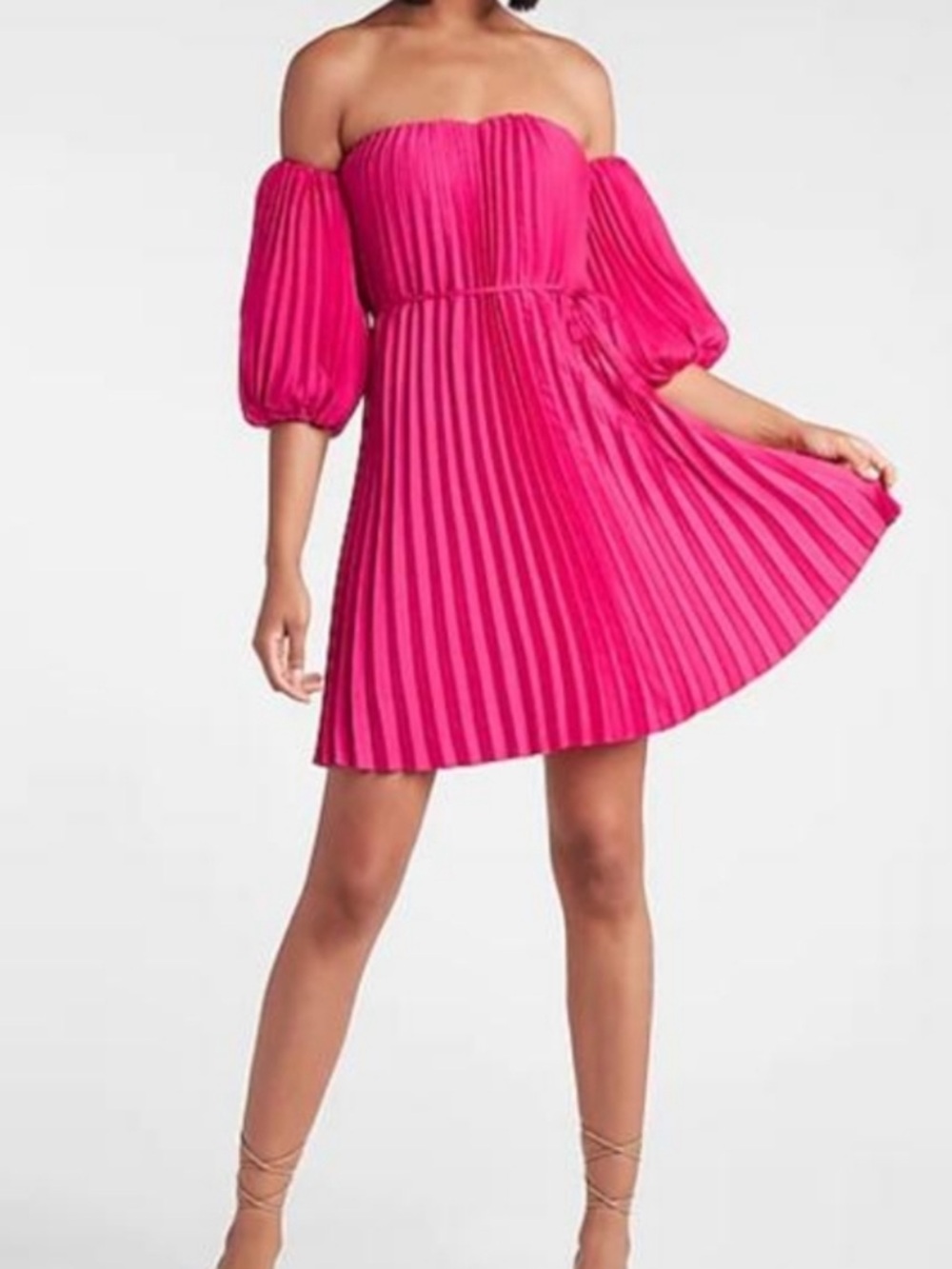 Express Pink Pleated Off Shoulder Balloon Sleeve Mini Dress Short Size M NWT